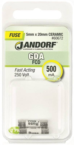 Jandorf 60672 Fast Acting Fuse, 500 mA, 250 V, 1500 A Interrupt, Ceramic Body