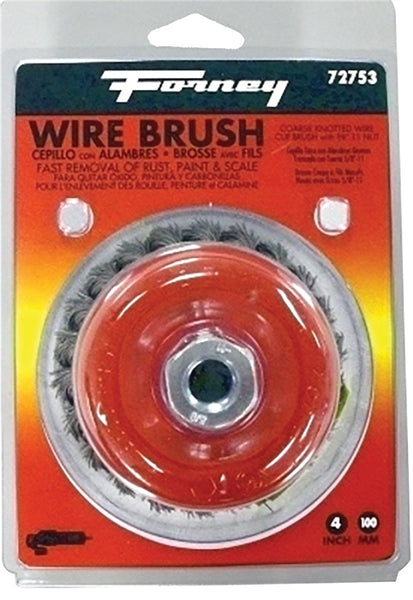 Forney 72753 Wire Cup Brush, 4 in Dia, 5/8-11 Arbor/Shank, 0.02 in Dia Bristle, Carbon Steel Bristle
