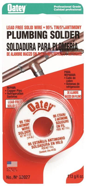 Oatey 53027 Plumbing Wire Solder, 1/4 lb Carded, Solid, Silver, 450 to 464 deg F Melting Point