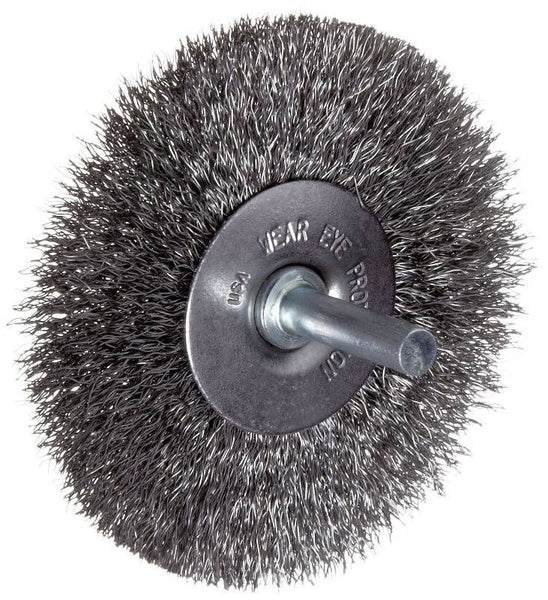 Weiler 36004 Wire Wheel Brush, 6 in Dia, 5/8 to 1/2 in Arbor/Shank, 0.014 in Dia Bristle, 1-1/8 in L Bristle Trim