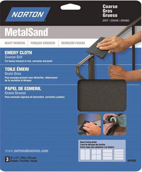 NORTON MetalSand 07660747835 Sanding Sheet, 11 in L, 9 in W, Coarse, 80 Grit, Emery Abrasive, Cloth Backing