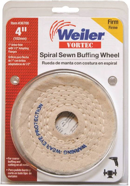 Weiler 36700 Buffing Wheel, 4 in Dia, 3/8 in Thick, 1/2 to 1 in Arbor