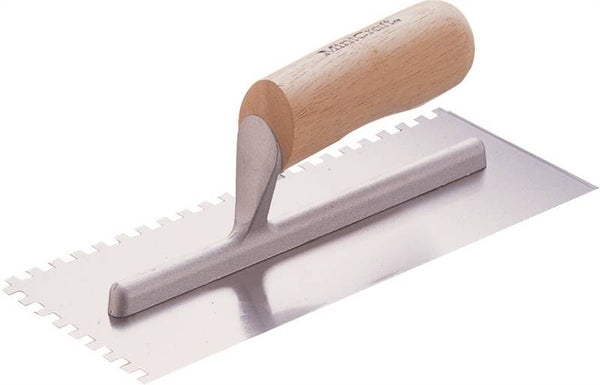 Vulcan Trowel, 1/4 x 1/4 in, 4-1/2 in W Blade, Notched Blade, HCS Blade, Hard Wood Handle, Camel Back Handle, 11 in OAL, Silver