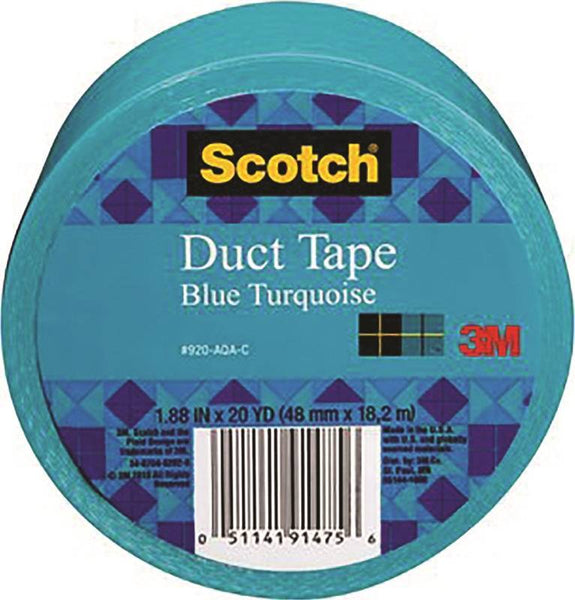 3M 920-AQA-C Duct Tape, 20 yd L, 1.88 in W, Cloth Backing, Blue Turquoise