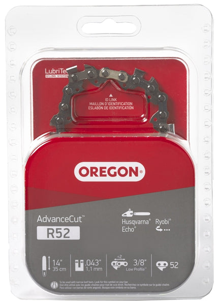 Oregon AdvanceCut R52 Chainsaw Chain, 14 in L Bar, 0.043 Gauge, 3/8 in TPI/Pitch, 52-Link