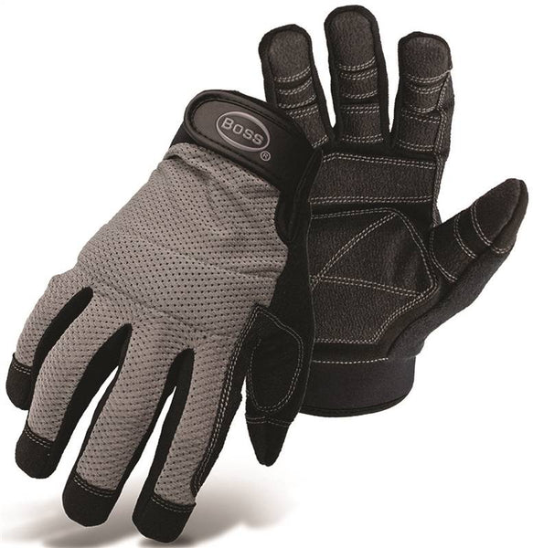 BOSS 5204X Utility Mechanic's Gloves, XL, Wing Thumb, Wrist Strap Cuff, PVC, Black/Gray