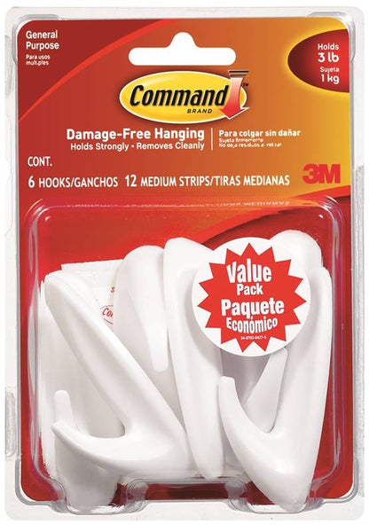 Command 17081-VP-6PK Designer Hook, 3 lb, 6-Hook, Plastic, White