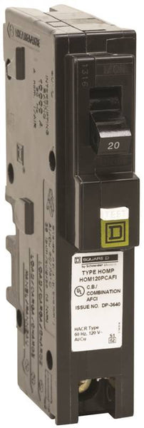 Square D HOM120PCAFIC Circuit Breaker, CAFCI, Mini, 20 A, 1 -Pole, 120 V, Plug Mounting