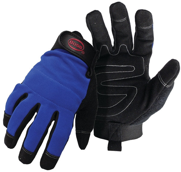 BOSS 5205L Mechanic's Gloves, Men's, L, Reinforced Thumb, Wrist Strap Cuff, Blue