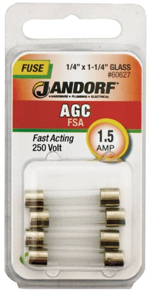 Jandorf 60627 Fast Acting Fuse, 1.5 A, 250 V, 100 A, 10 kA Interrupt, Glass Body