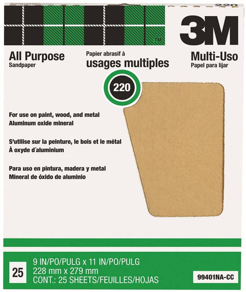 3M 99401NA-CC Sandpaper, 11 in L, 9 in W, Extra Fine, 220 Grit, Aluminum Oxide Abrasive, Paper Backing