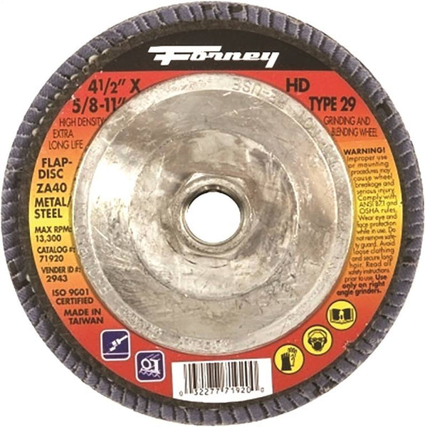 Forney 71920 Flap Disc, 4-1/2 in Dia, 5/8-11 Arbor, 40 Grit, Medium, Zirconia Aluminum Abrasive