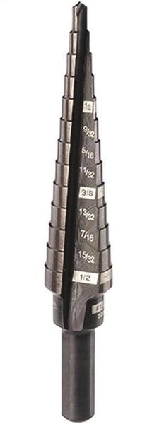 Milwaukee 48-89-9201 Step Drill Bit, 1/8 to 1/2 in Dia, 3-7/64 in OAL, 2-Flute, 1/4 in Dia Shank, Flat Shank