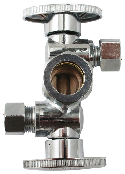 Plumb Pak K2903DHLF Dual Shut-Off Valve, 5/8 x 3/8 x 3/8 in Connection, Compression, 250 psi Pressure, Brass Body