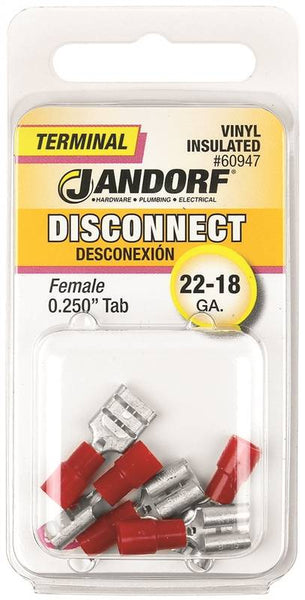 Jandorf 60947 Disconnect Terminal, 22 to 18 AWG Wire, Vinyl Insulation, Copper Contact, Red