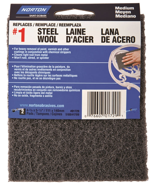 NORTON 01729 Steel Wool, 4-3/8 in L, 5-1/2 in W, #1 Grit, Medium, Charcoal