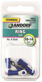 Jandorf 60905 Ring Terminal, 16 to 14 AWG Wire, #6 Stud, Vinyl Insulation, Copper Contact, Blue