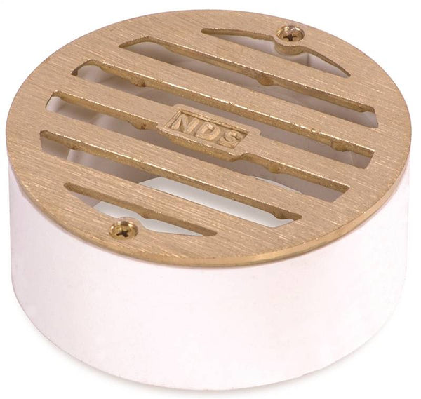 NDS 909B Drain Grate with Collar, 3-1/4 in L, 3-1/4 in W, Round, 3/16 in Grate Opening, Brass, Satin Brass