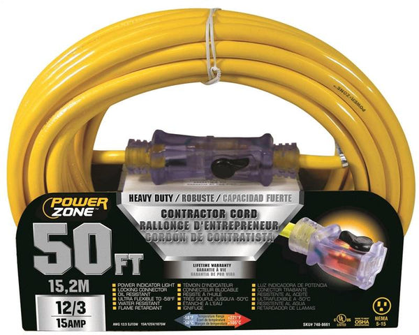PowerZone Contractor Cord, 12 AWG Cable, 50 ft L, 15 A, 125 V, Yellow