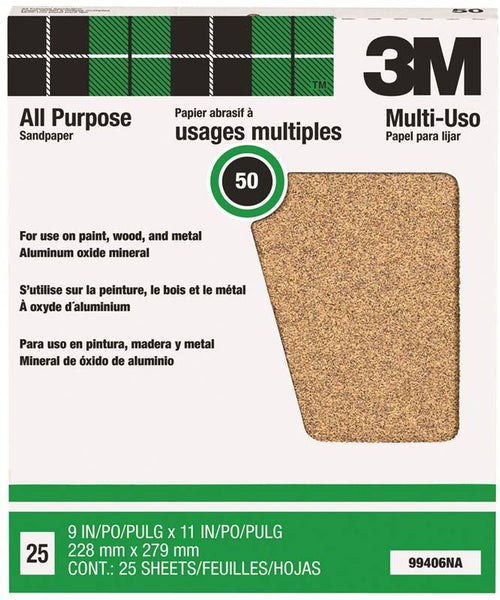 3M 99406 Sandpaper Sheet, 11 in L, 9 in W, Coarse, 50 Grit, Aluminum Oxide Abrasive, Paper Backing