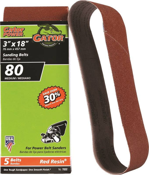 Gator 7032 Sanding Belt, 3 in W, 18 in L, 80 Grit, Medium, Aluminum Oxide Abrasive