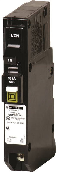 Square D QO115PCAFIC Circuit Breaker, CAFCI, Mini, 15 A, 1 -Pole, 120 V, Plug Mounting