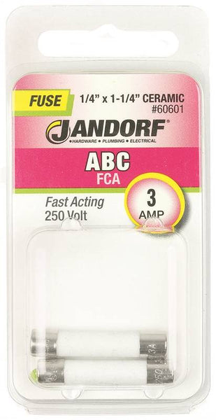 Jandorf 60601 Fast Acting Fuse, 3 A, 250 V, 100 A, 10 kA Interrupt, Ceramic Body