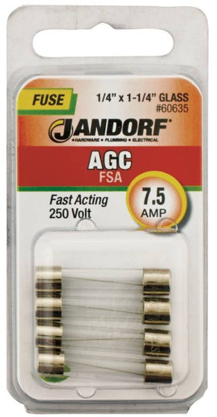 Jandorf 60635 Fast Acting Fuse, 7.5 A, 250 V, 200 A, 10 kA Interrupt, Glass Body