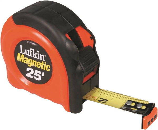 Crescent Lufkin L725MAG Tape Measure, 25 ft L Blade, 1 in W Blade, Steel Blade, ABS/Rubber Case, Orange Case