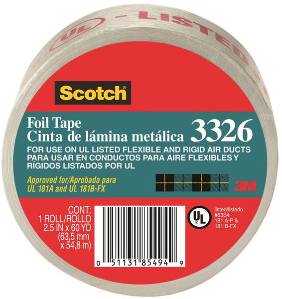 Scotch 3326-A Foil Tape, 60 yd L, 2-1/2 in W, Aluminum Backing, Silver