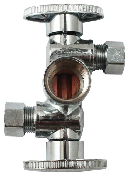 Plumb Pak K2901DHLF Dual Shut-Off Valve, 1/2 x 3/8 x 3/8 in Connection, FIP x Compression, 250 psi Pressure, Brass Body