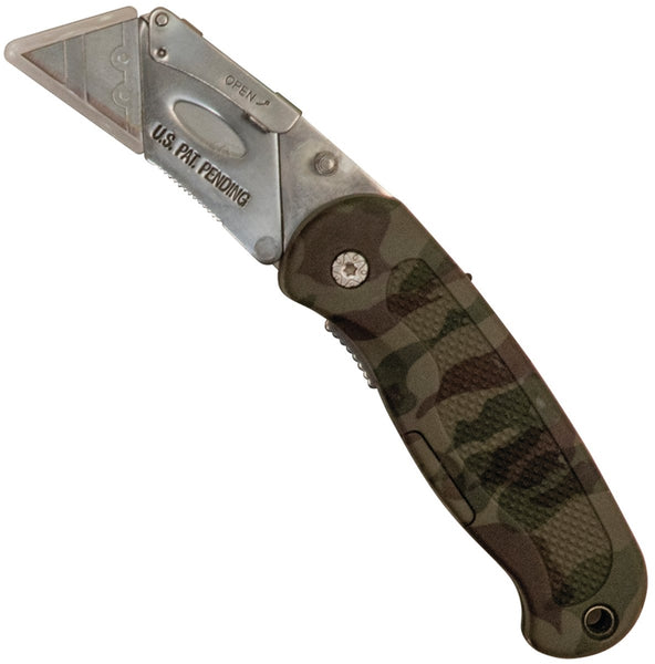 Sheffield 12131 Utility Knife, 2-1/2 in L Blade, Stainless Steel Blade, Curved Handle, Camouflage Handle