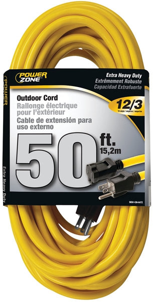 PowerZone Extension Cord, 12 AWG Cable, 50 ft L, 15 A, 125 V, Yellow