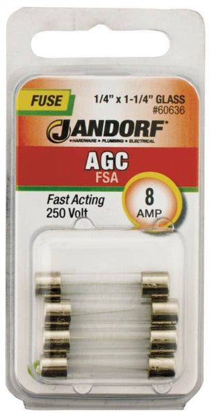 Jandorf 60636 Fast Acting Fuse, 8 A, 250 V, 200 A, 10 kA Interrupt, Glass Body