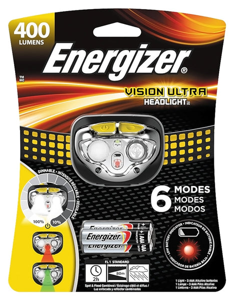 Energizer HDE32E Headlight, AAA Battery, LED Lamp, 400 Lumens, 80 m Beam Distance, 2 hr Run Time, Gray