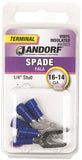 Jandorf 60923 Spade Terminal, 600 V, 16 to 14 AWG Wire, 1/4 in Stud, Vinyl Insulation, Copper Contact, Blue