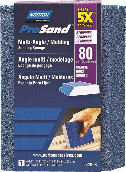 NORTON ProSand 82068 Sanding Sponge, 4-1/2 in L, 3-11/16 in W, 80 Grit, Coarse, Aluminum Oxide Abrasive