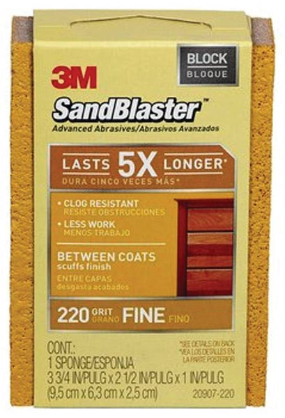 Scotch 20907-220 Sanding Sponge, 4-1/2 in L, 2-1/2 in W, 220 Grit, Fine, Aluminum Oxide Abrasive