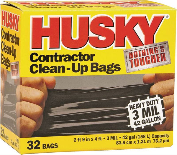 Husky HK42WC032B Contractor Clean-Up Bag, 42 gal Capacity, Polyethylene, Black