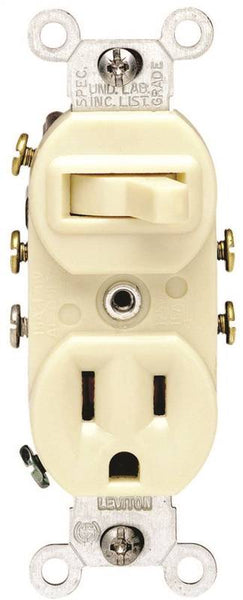 Leviton 031-05245-00I Combination Switch/Receptacle, 1 -Pole, 15 A, 120 V Switch, 125 V Receptacle, Ivory