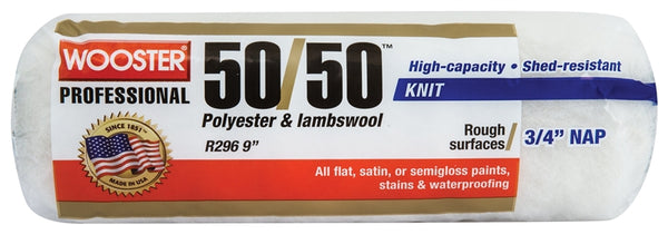WOOSTER R296-9 Paint Roller Cover, 3/4 in Thick Nap, 9 in L, Knit Fabric/Lambs Wool/Polyester Cover, Creamy