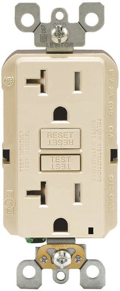 Leviton R96-GFTR2-0KT GFCI Duplex Receptacle, 2 -Pole, 20 A, 125 V, Back, Side Wiring, NEMA: 5-20R, Light Almond