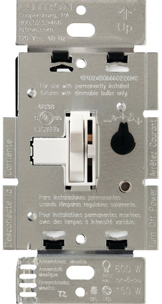Lutron Ariadni TGCL-153PH-WH Dimmer, 1.25 A, 120 V, 150 W, CFL, Halogen, Incandescent, LED Lamp, 3-Way, White