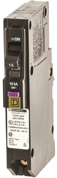 Square D QO115PDFC Circuit Breaker, CAFCI, Mini, 15 A, 1 -Pole, 120 V, Plug Mounting