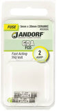 Jandorf 60666 Fast Acting Fuse, 2 A, 250 V, 1500 A Interrupt, Ceramic Body