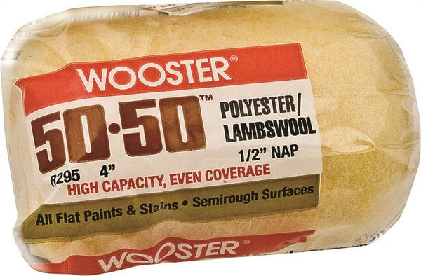 WOOSTER R295-4 Paint Roller Cover, 1/2 in Thick Nap, 4 in L, Knit Fabric/Lambs Wool/Polyester Cover, Creamy
