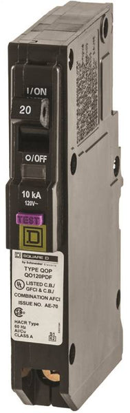 Square D QO120PDFC Circuit Breaker, CAFCI, Mini, 20 A, 1 -Pole, 120 V, Plug Mounting