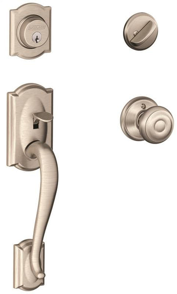 Schlage Camelot Series F60VCAM/GEO619 Handleset, Keyed Different Key, Brass, Satin Nickel, 2-3/8 x 2-3/4 in Backset