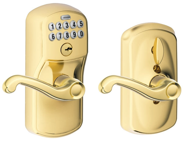 Schlage FE Series FE595 PLY 505 FLA Keypad Lock with Flex-Lock, Different Key, Bright Brass, Flair Lever Interior Handle