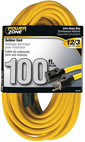 PowerZone Extension Cord, 12 AWG Cable, 100 ft L, 13 A, 125 V, Yellow